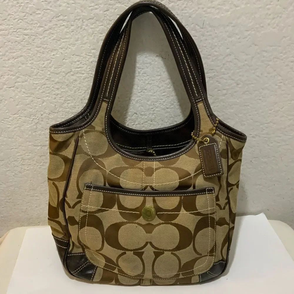 Coach Signature Ergo Large Tote Bag Brown Tan CC Monogram Jacquard Leather 10767
